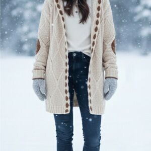 Cozy Cream Brown Women's cardigan Hoodie Sweater XL crochet knit looks like pol